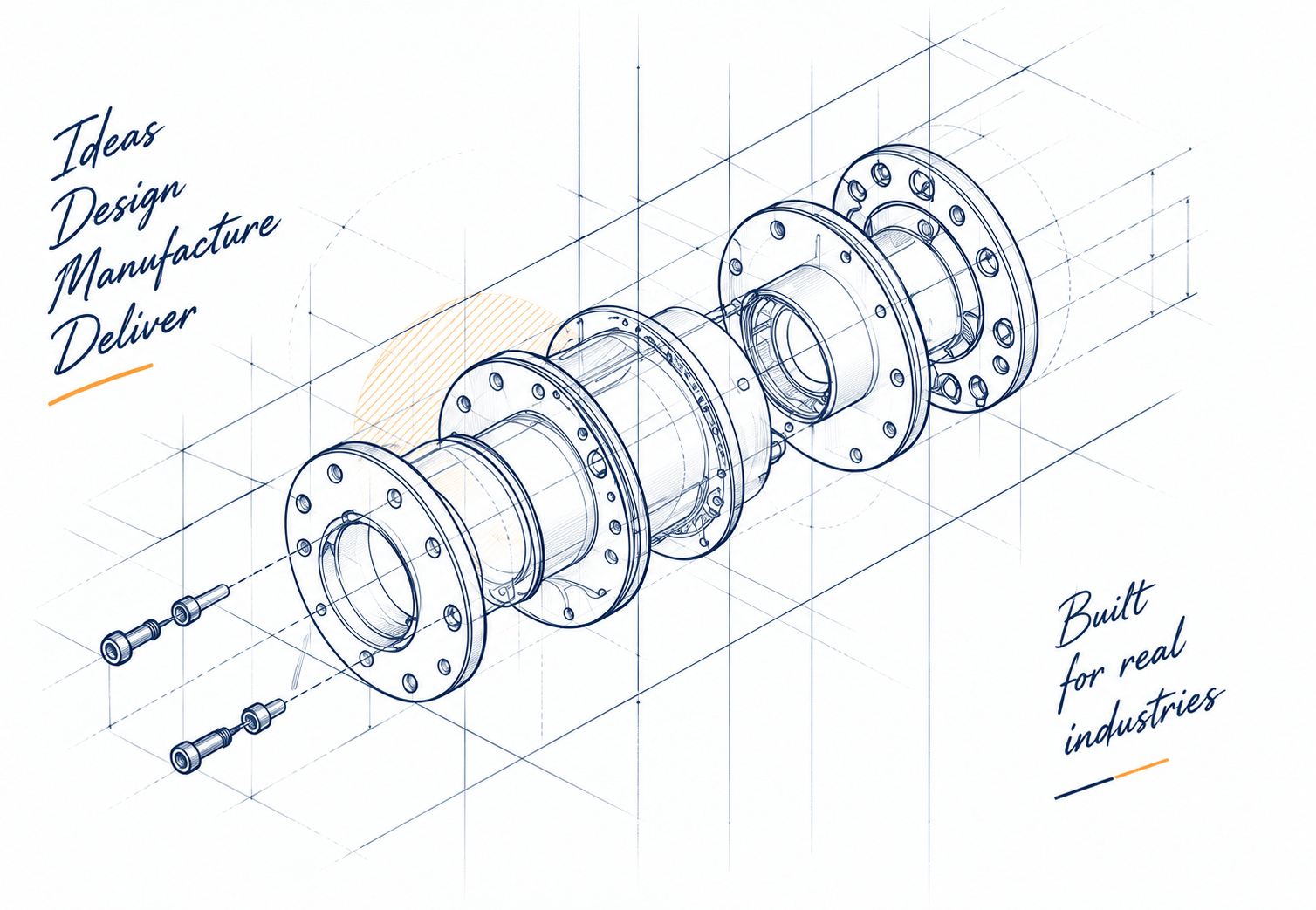 Exploded CAD technical mechanical assembly of precision industrial flanged spool with screws, Ideas Design Manufacture Deliver, and Built for real industries