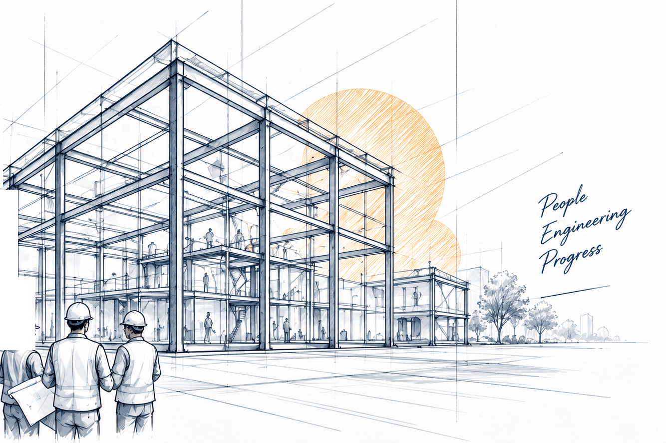 Elyon Engineering - Architectural steel blueprint sketch with engineers examining plans, Ideas Built Together, and People Engineering Progress.