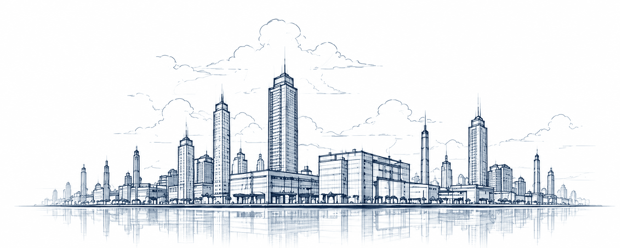 City skyline architectural sketch reflection