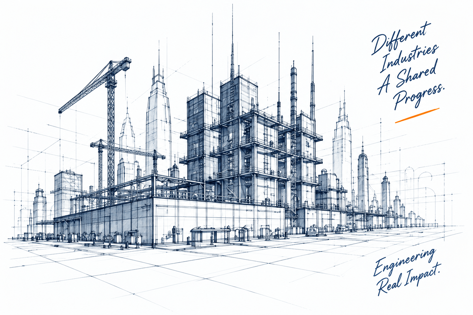 Architectural pencil sketch of modern high-rise skyscraper under construction with tower cranes, scaffolding, and urban skyline
